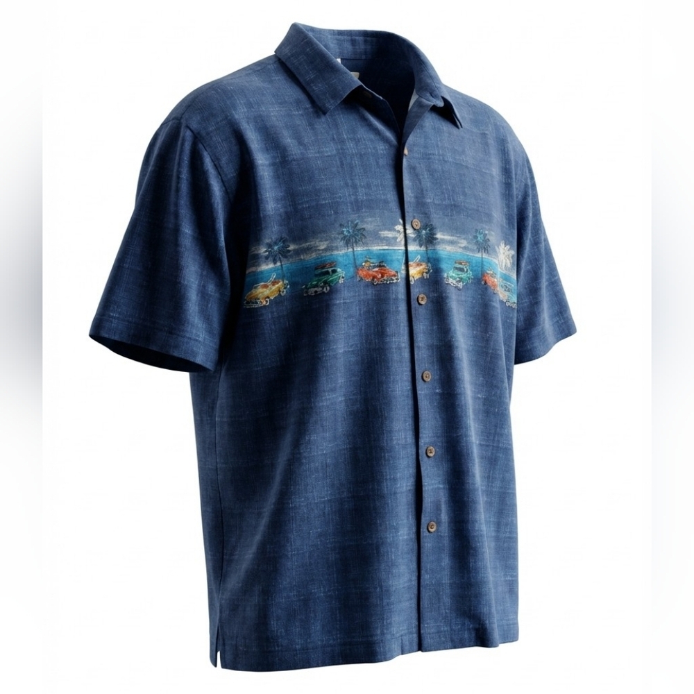Island Shores Blue Scenic Print Men's Shirt Size XL